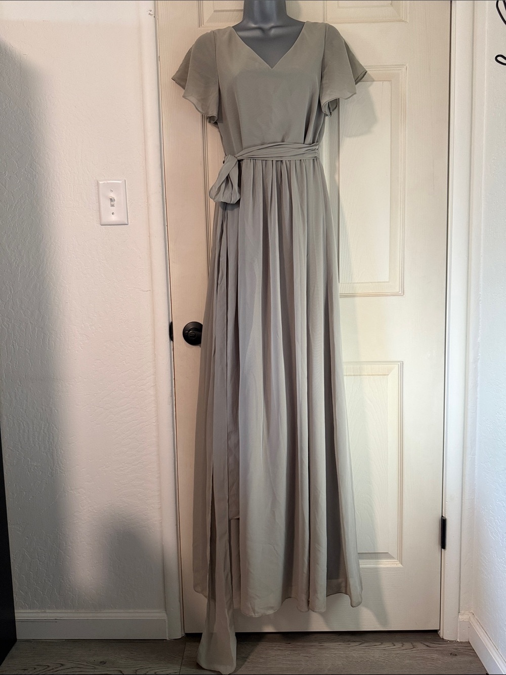 Elegant V-Neck Flutter Sleeve Maxi Dress in Sage